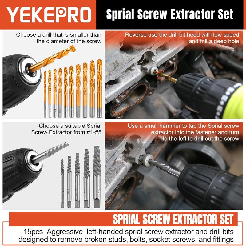 YEKEPRO 40 Pcs Bolt & Screw Extractor Set with Left Hand Cobalt Drill Bit Set, Easy Out Broken Stripped Screw Removal Tool for Damaged, Frozen, Studs, Rusted, Rounded-Off Bolts, Nuts & Screws, T15139 - Image 5